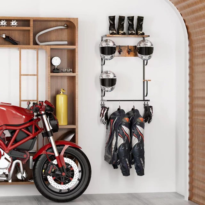 Motorcycle Gear Display Rack - Rak Gantungan Helm Kayu untuk Dinding,
